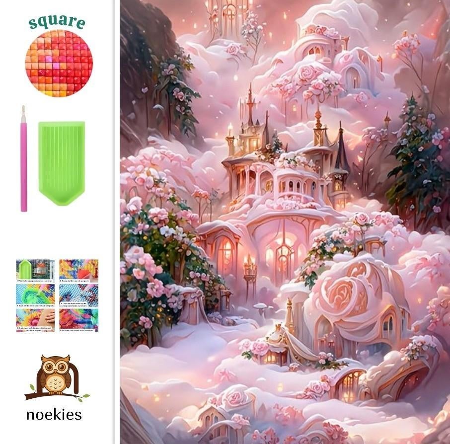 N 43 Peinture au diamant château rose 50x40cm (carré), Neuf, Fantasie, Autocollant, Diamond painting