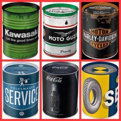 Olie blik spaarpot Harley VW Goodyear Coca cola money box, Verzamelen, Ophalen of Verzenden, Nieuw, Metaal of Blik, Overige thema's