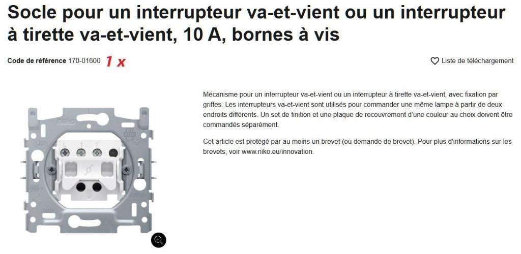 NIKO 170- 01600/02605/01505/00000/01705/01205/05005/01100, Bricolage & Construction, Électricité & Câbles, Enlèvement, Neuf, Interrupteur