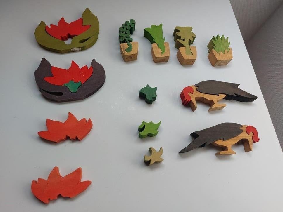 Lot de figurines en bois, thème nature — oiseaux, feuilles e, Enlèvement