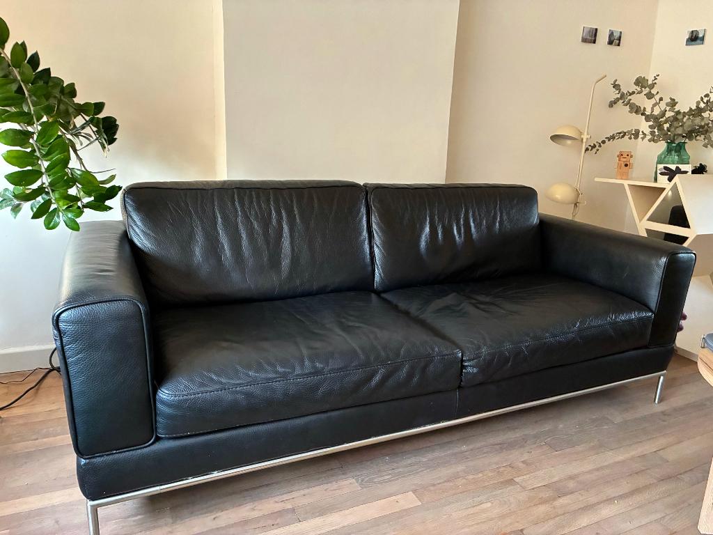 Zwarte lederen 3 zit van Ikea, 200 à 250 cm, Banc droit, Comme neuf, Enlèvement