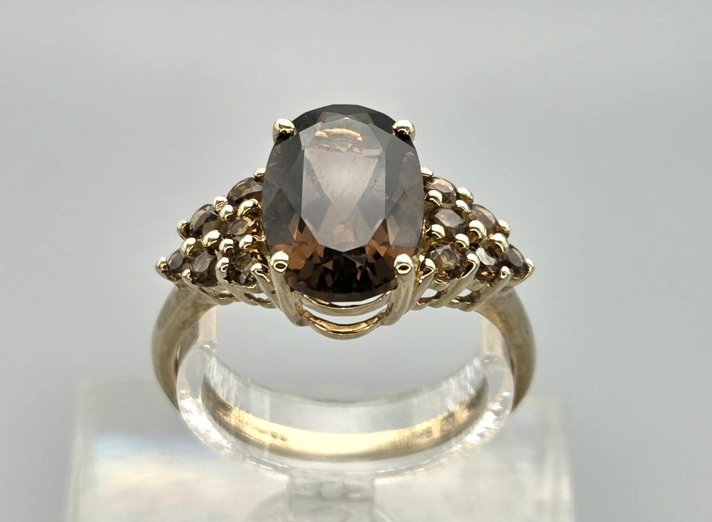 Gouden Vintage ring edelsteen citrien en rooktopaas.2025/852, Bijoux, Sacs & Beauté, Bagues, Jaune, Comme neuf, Or, 17 à 18