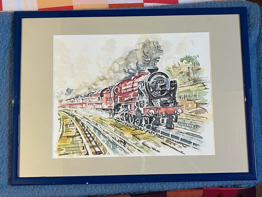 Aquarelle signée Claes - Train Locomotive, Antiquités & Art, Enlèvement ou Envoi