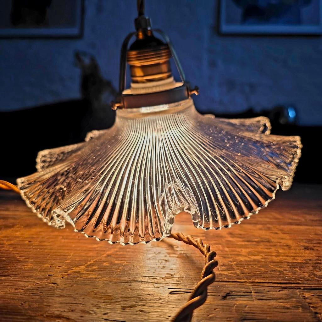 Vintage Holophane prismatisch glazen hanglamp., Ophalen of Verzenden