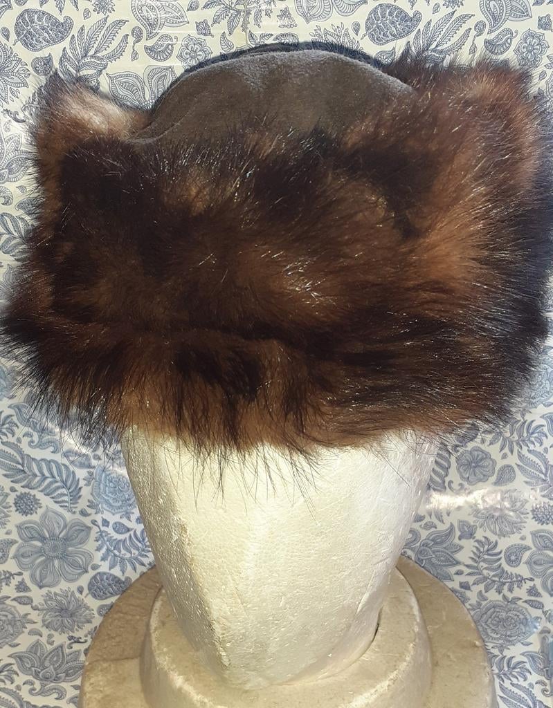 Chapeau bibi mini toque vintage en daim et vison tour 53 cm, Enlèvement ou Envoi