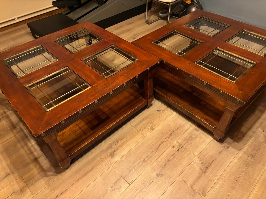 Kersenhouten Salontafel met Glas in Lood - Vierkant (2stuks), Huis en Inrichting, Ophalen, Gebruikt, 50 tot 100 cm, Vierkant