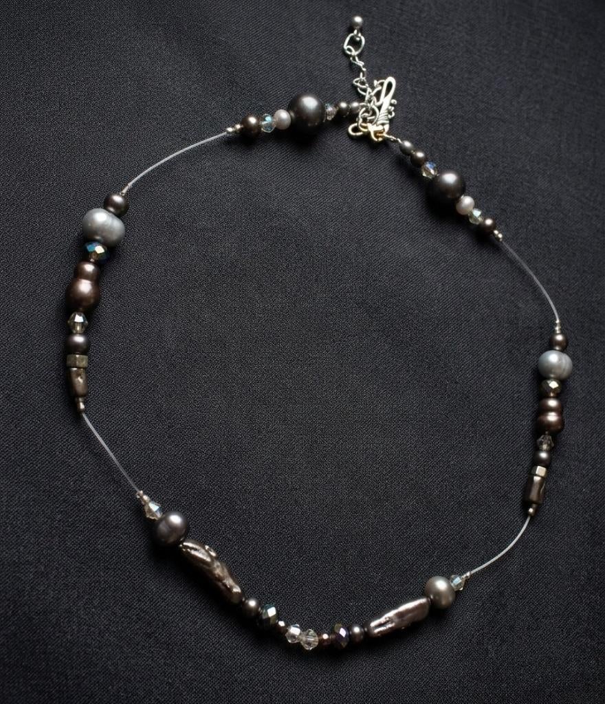 Ketting zoetwaterparel , pyriet , rookkwartz , obsidiaan, Verzenden, Nieuw, Steen of Mineraal, Verstelbaar