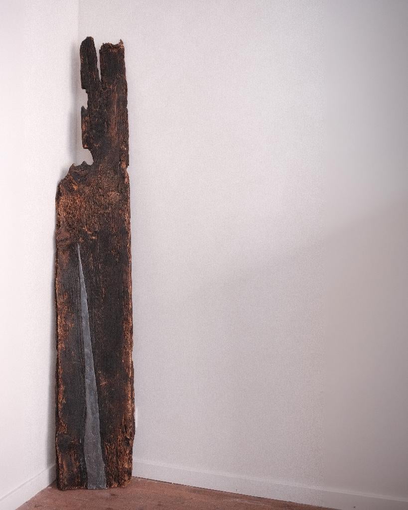 Wabi-Sabi Wandsculptuur - Lood in hout, Antiek en Kunst, Ophalen, Handgemaakt, Hout, Wanddecoratie