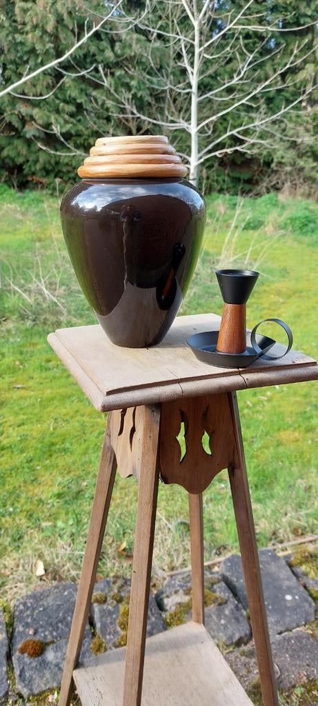 Vase en céramique noire brillante avec bord en bambou avec, Enlèvement ou Envoi, Métal