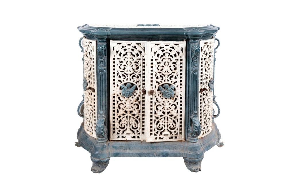 Buffet-poêle GODIN en fonte émaillée vert et blanc, +/-1880, Antiquités & Art, Enlèvement