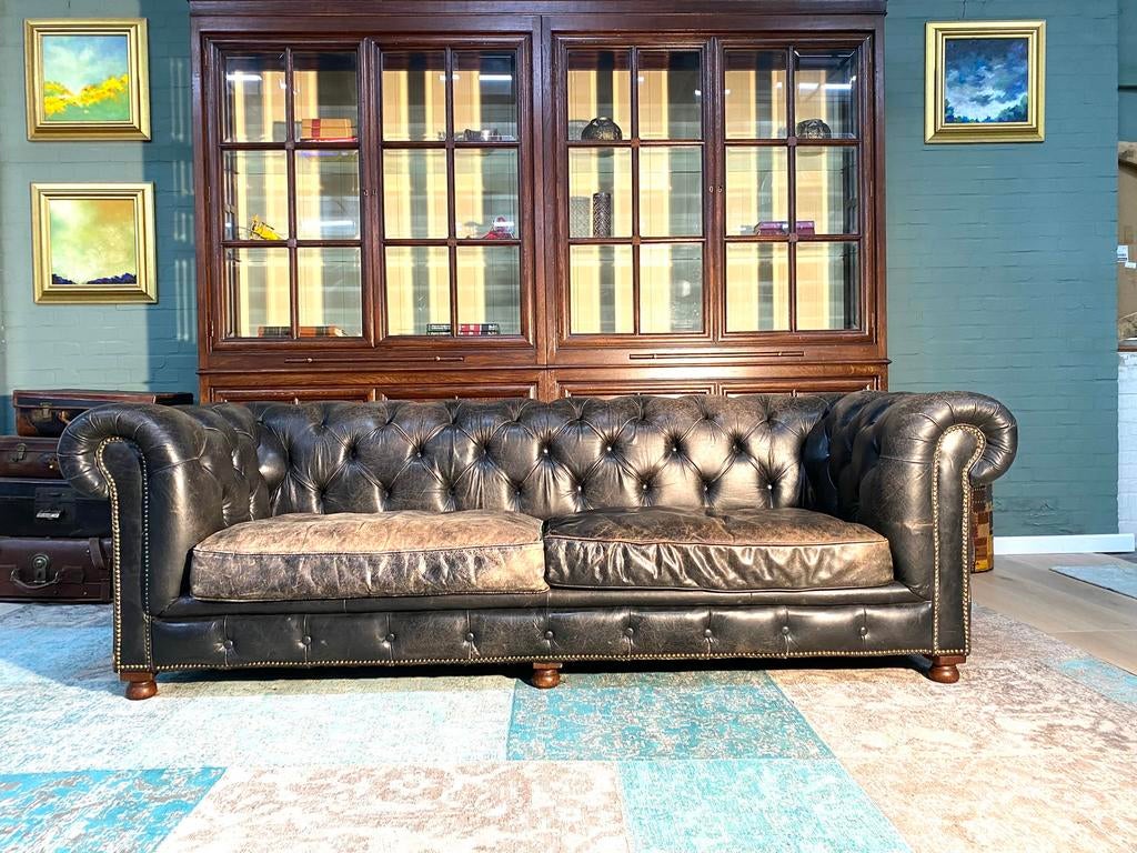 Stoere Chesterfield zetel vintage zwart GRATIS GELEVERD, Ophalen of Verzenden, Leer