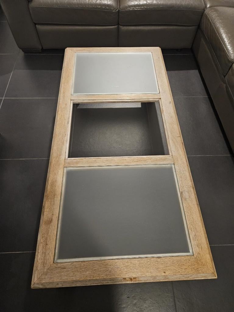 Houten salontafel met glas, Ophalen, Glas, Gebruikt, 100 tot 150 cm