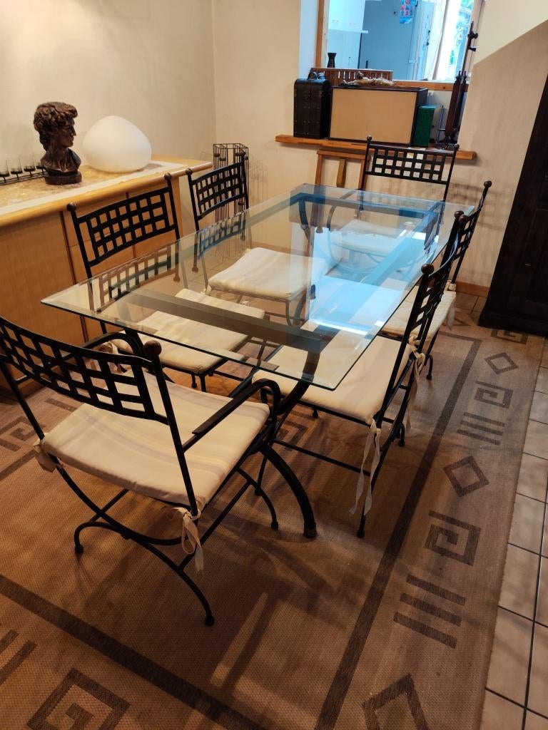 Table en verre de style colonial avec 6 chaises, Maison & Meubles, Glas / metaal - Koloniaal, 150 à 200 cm, Cinq personnes ou plus
