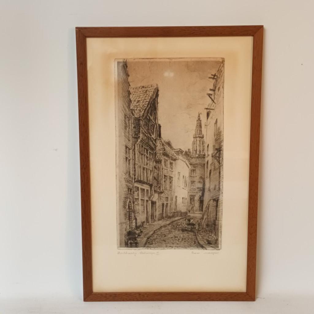 Romain Malfliet (1910-2006) -ets - Stoelstraatje - Antwerpen, Antiek en Kunst, Kunst | Etsen en Gravures, Ophalen of Verzenden