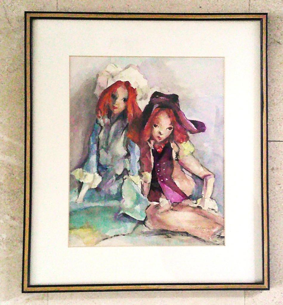 Aquarelle - 2 poupées - signée et datée 1973, Enlèvement ou Envoi