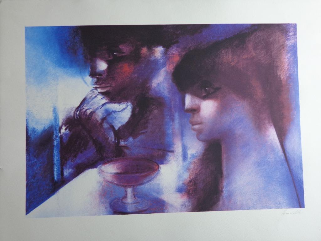 ROGER SOMVILLE / APERO TIME / KLEURZEEFDRUK / 60x79cm / SIG, Antiquités & Art, Enlèvement ou Envoi