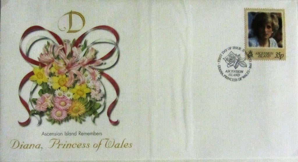GROTE FDC- PRINSES DIANA MET POSTZEGEL ASCENSION ISLAND, Ophalen of Verzenden, Gestempeld, Koningshuis