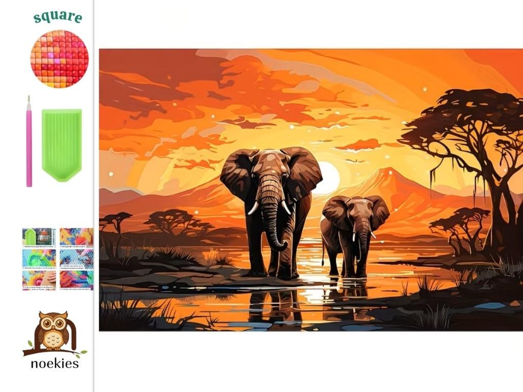 nr 61 Diamond painting olifanten 50x40cm (vierkant), Verzenden, Oranje, Nieuw, Overige materialen