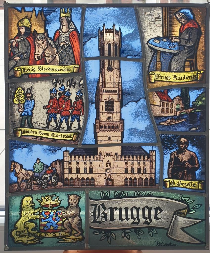 Glasraam in lood van Brugge, Antiquités & Art, Antiquités | Verre & Cristal, Enlèvement