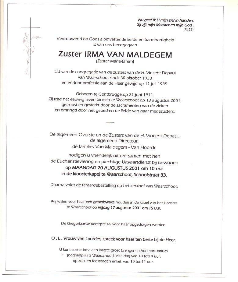 Doodsbrief Zuster I. VAN MALDEGEM Gentbrugge Waarschoot 2001, Verzamelen, Verzenden, Rouwkaart