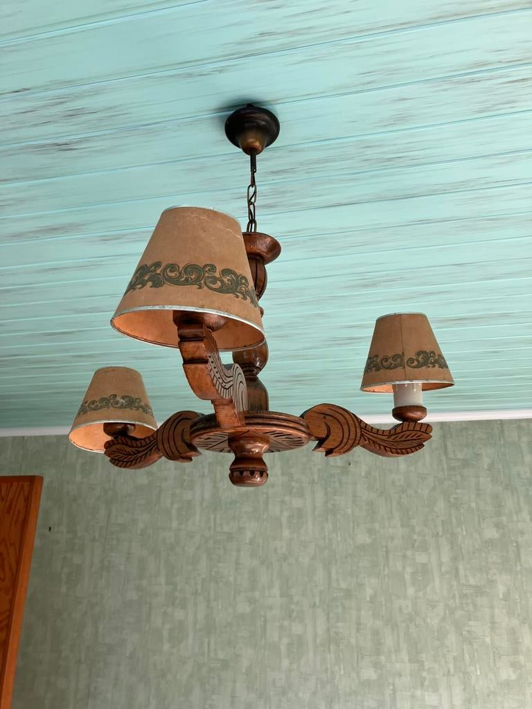 Retro vintage houten luster, Huis en Inrichting, Lampen | Kroonluchters, Ophalen, Gebruikt