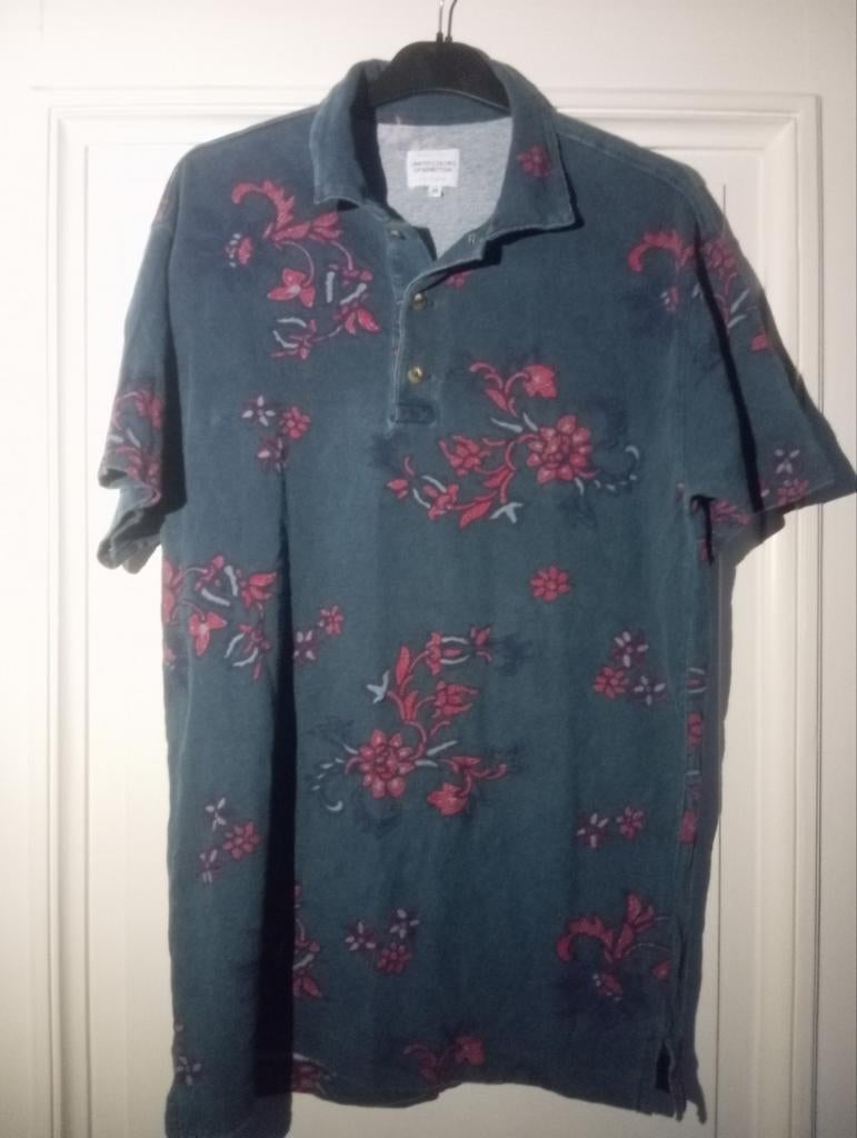 Benetton - grijsblauwe vintage polo met bladmotieven, M, Ophalen of Verzenden