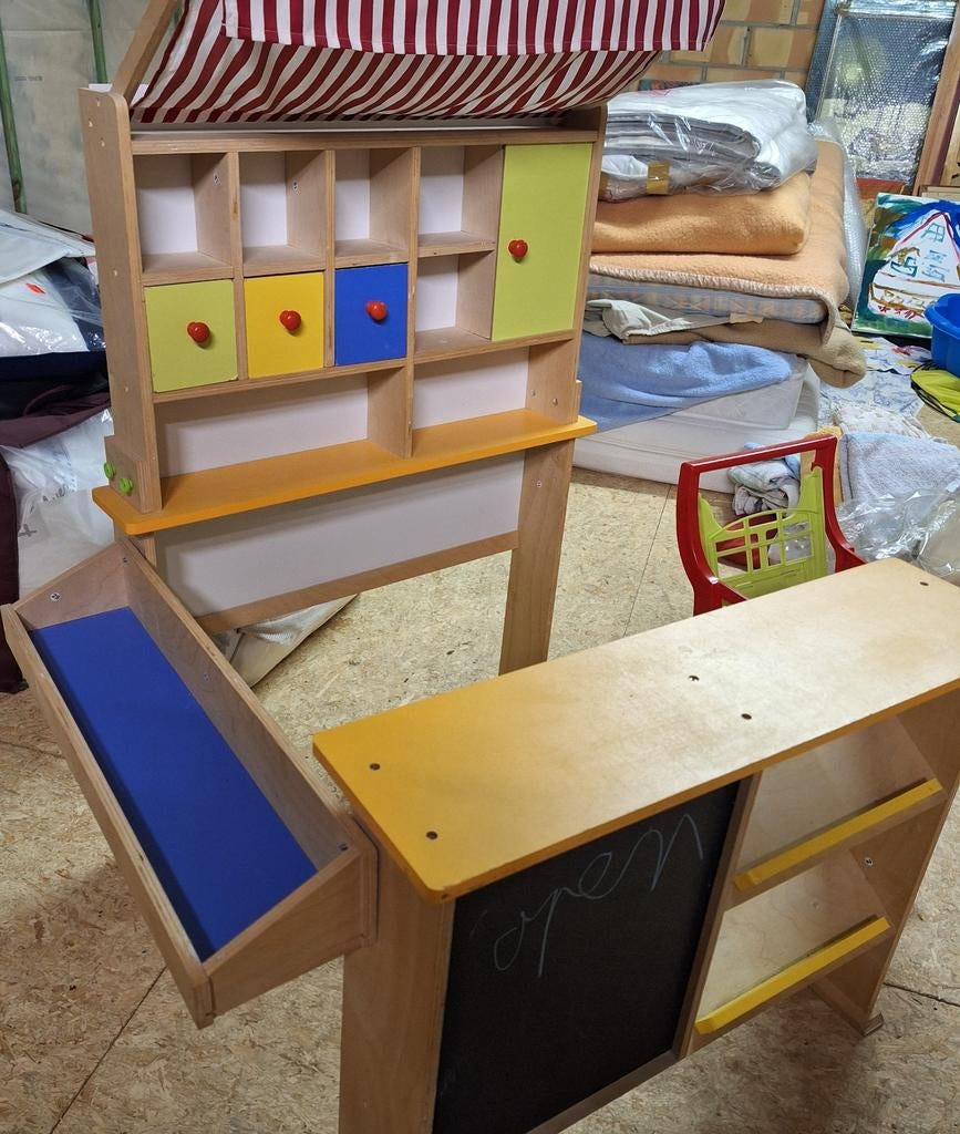 Speelgoedwinkel in hout + winkelkarretje (plastiek), Ophalen, Hout