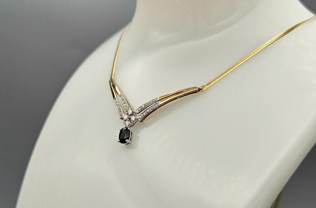 Gouden Vintage ketting hanger met saffier diamant. 2025/104, Handtassen en Accessoires, Kettingen, Zo goed als nieuw, Goud, Blauw