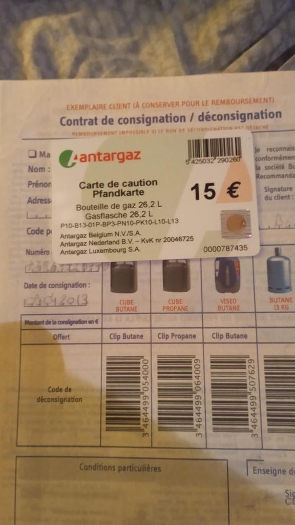 Carte consigne pour bonbonne de gaz avec papiers du contrat, Enlèvement