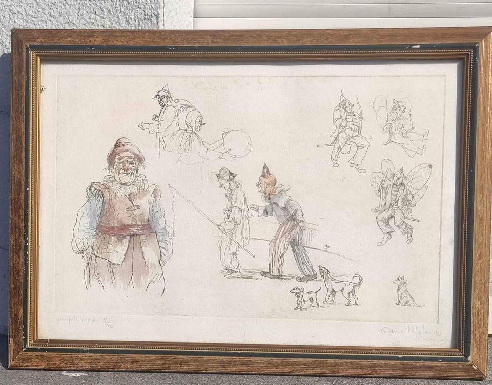 Eau forte les clown signe Anne velghe, Antiek en Kunst, Kunst | Etsen en Gravures, Ophalen of Verzenden