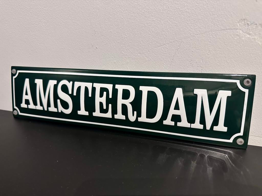 AMSTERDAM EMAILLEBORD KWALITEITS-EMAILLE GROEN/WIT 33,5x8,5, Ophalen of Verzenden, Zo goed als nieuw
