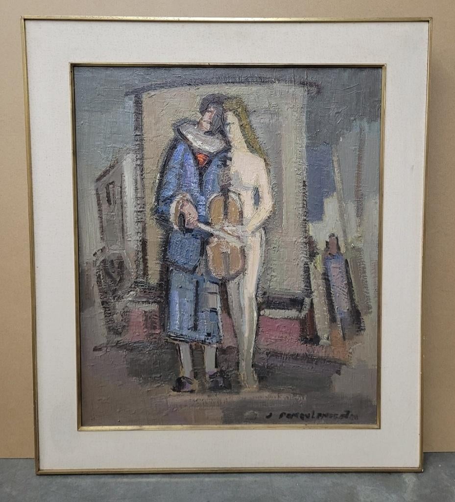 Jules DEMEULEMEESTER, de harlekijn-violist en zijn muze, Antiek en Kunst, Kunst | Schilderijen | Klassiek, Ophalen of Verzenden