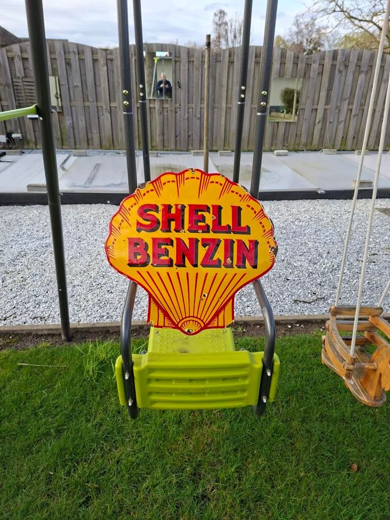 Planche bombardée en émail Shell Benzin.48x48cm, Collections, Marques & Objets publicitaires, Enlèvement ou Envoi, Utilisé, Panneau publicitaire