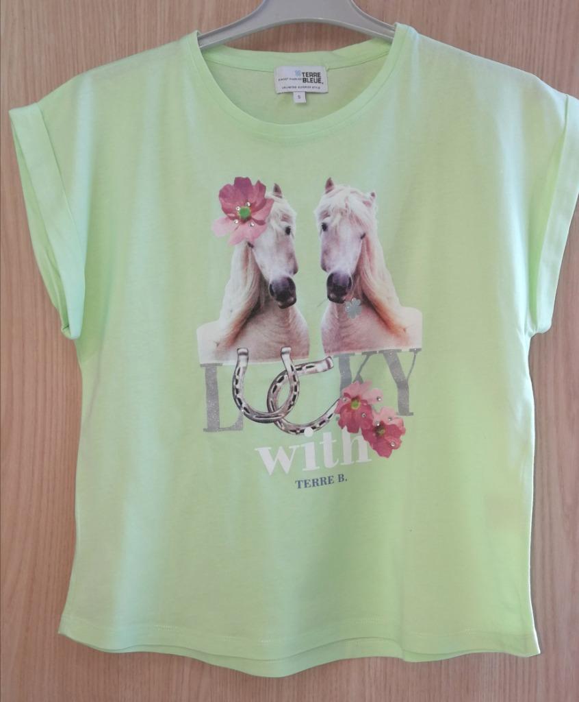 Pastelgroene T-shirt "paard"- Terre Bleue - maat S (ong.164), Terre Bleue, Meisje, Ophalen of Verzenden, Zo goed als nieuw