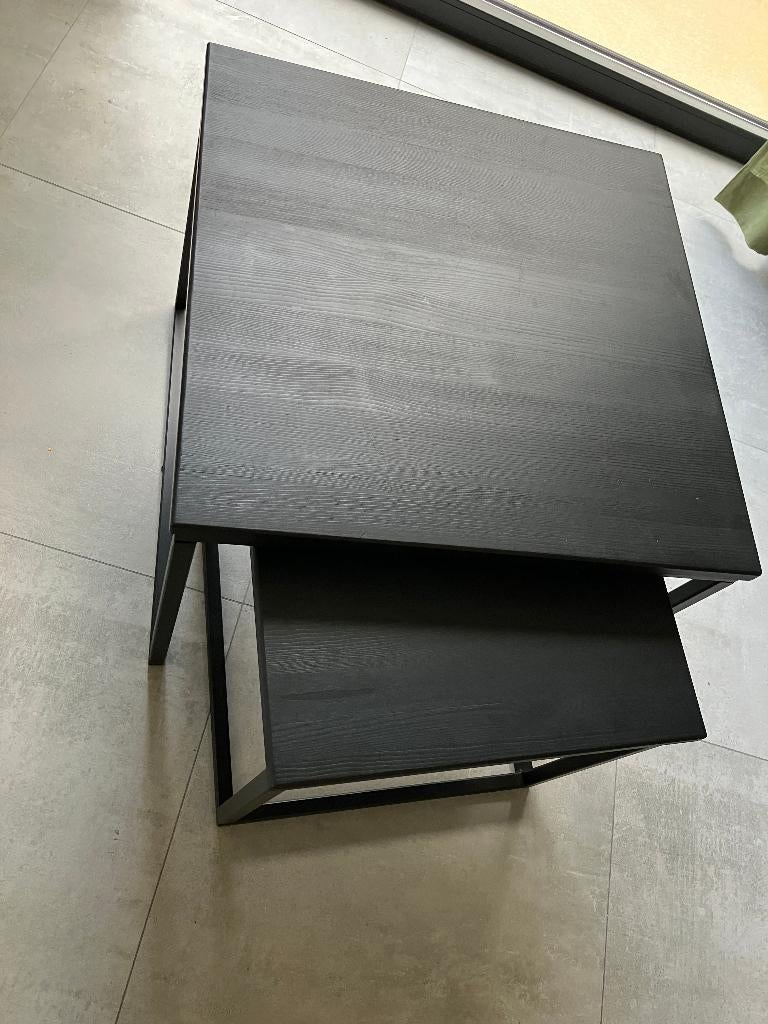 Tweedelige salontafel zwart - zwarte metalen frame, Huis en Inrichting, Ophalen, Gebruikt, Vierkant, Minder dan 50 cm