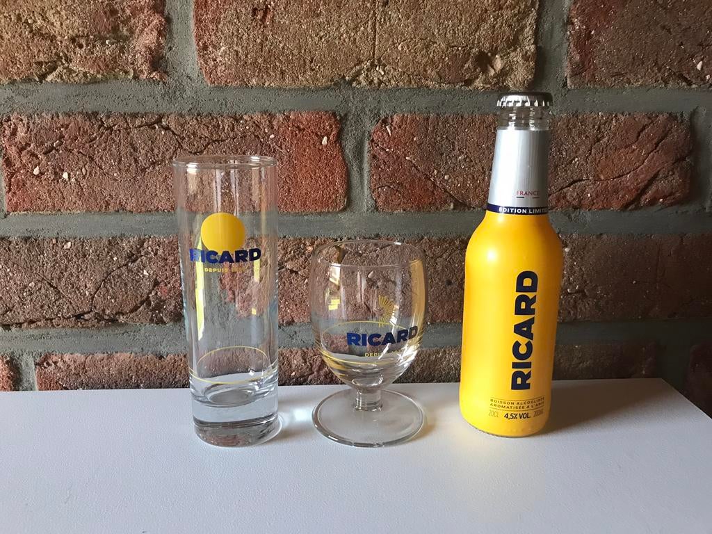 2 Ricard glazen + flesje met Ricard., Verzamelen, Glas en Drinkglazen, Ophalen, Nieuw
