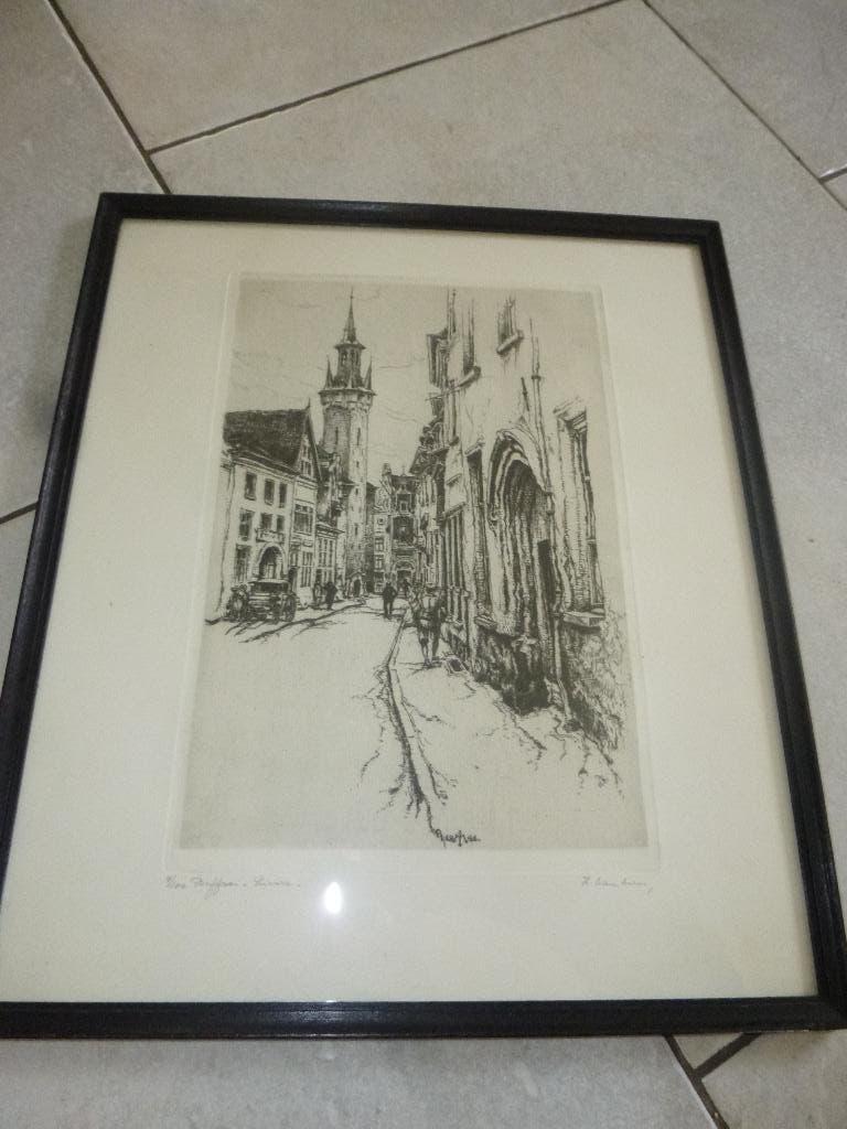 Belfort Lier , gesigneerde ets Isodore van Mens, Antiek en Kunst, Ophalen of Verzenden, Ets, Gesigneerd