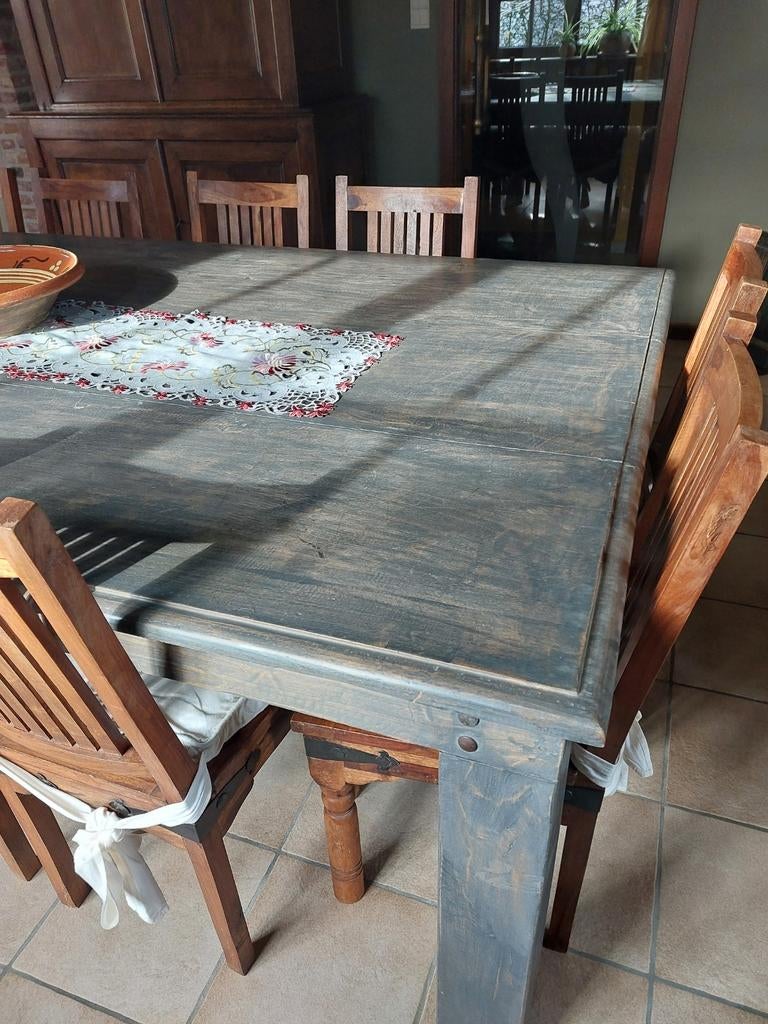 Grote teak tafel met stoelen., Teck, 100 à 150 cm, Enlèvement, Utilisé