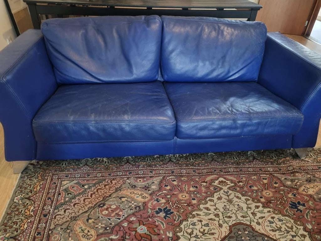 Blauwe lederen vintage salon 3 delig, Huis en Inrichting, Zetels | Zetels, Ophalen