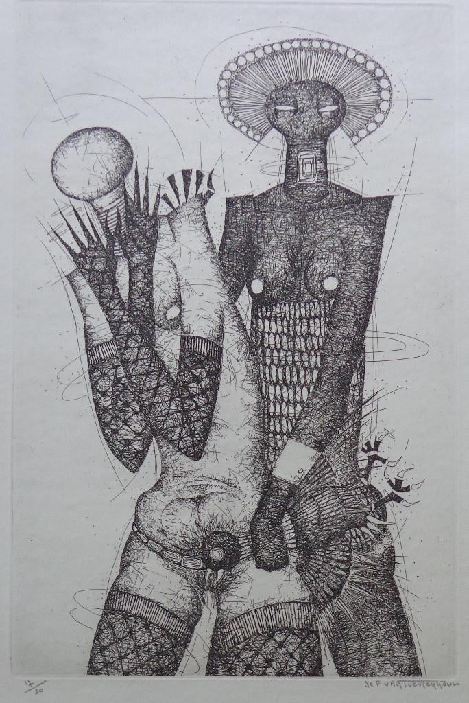 JEF VAN TUERENHOUT / EROTIEK / ZW-W ETS / 64x51cm / SIG, Antiek en Kunst, Kunst | Litho's en Zeefdrukken, Ophalen of Verzenden