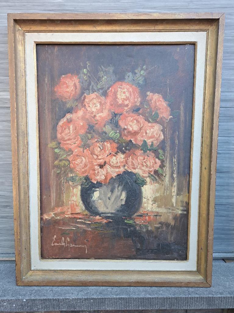 Huile sur toile fleur signe Émile lammers, Antiquités & Art, Enlèvement ou Envoi