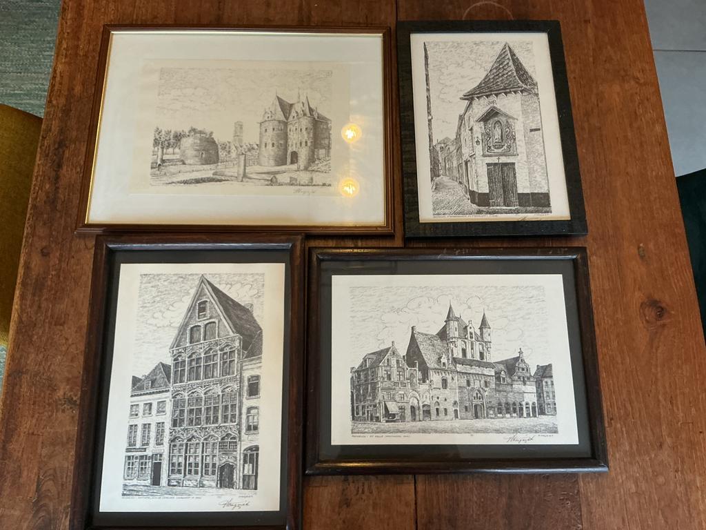 4 pentekening Mechelen van F. Magriet, Antiek en Kunst, Kunst | Etsen en Gravures, Ophalen