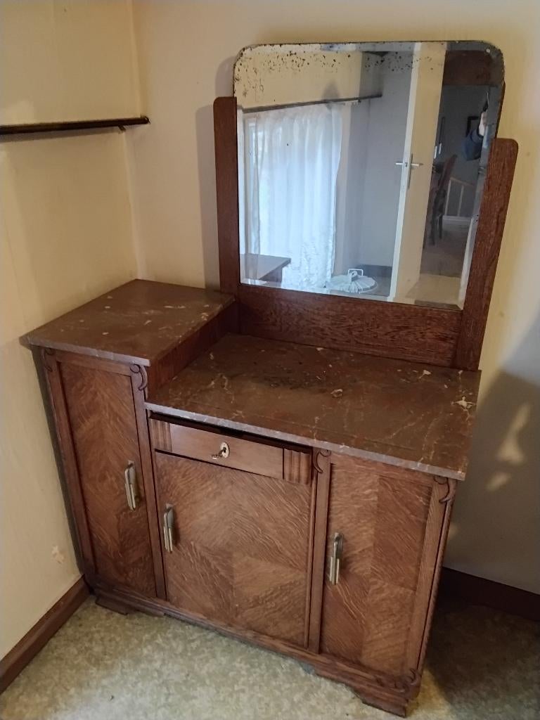 Commode, bruin marmer blad met spiegel, Antiek en Kunst, Antiek | Meubels | Kasten, Ophalen