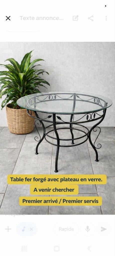 Table en fer forgé plateau en verre, Enlèvement, Utilisé, Cinq personnes ou plus, Rond