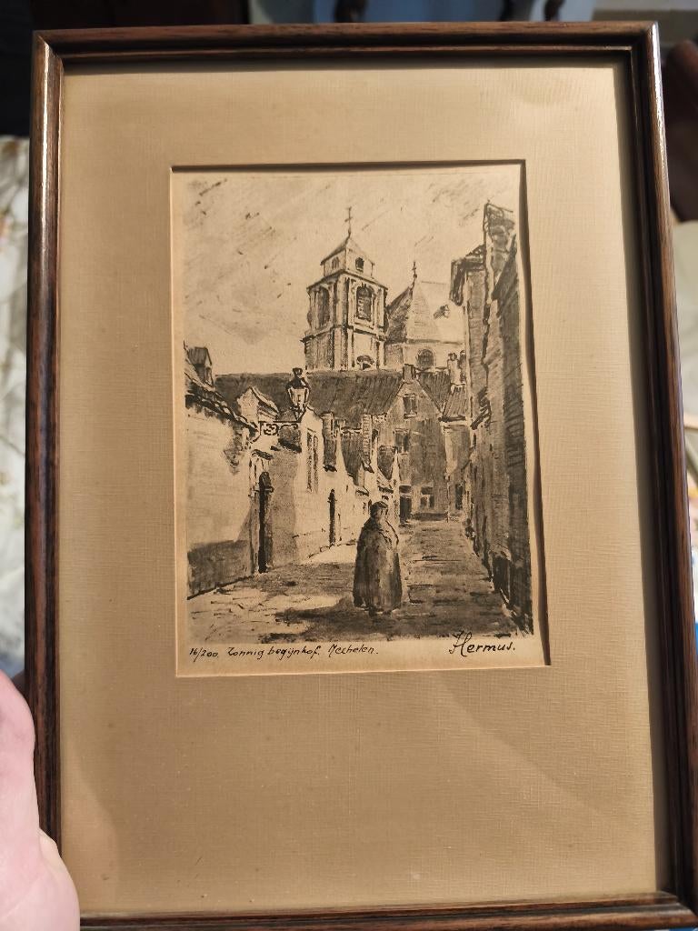 Ets 'Zonnig Begijnhof te Mechelen' (Jan Hermus)., Antiek en Kunst, Kunst | Etsen en Gravures, Ophalen