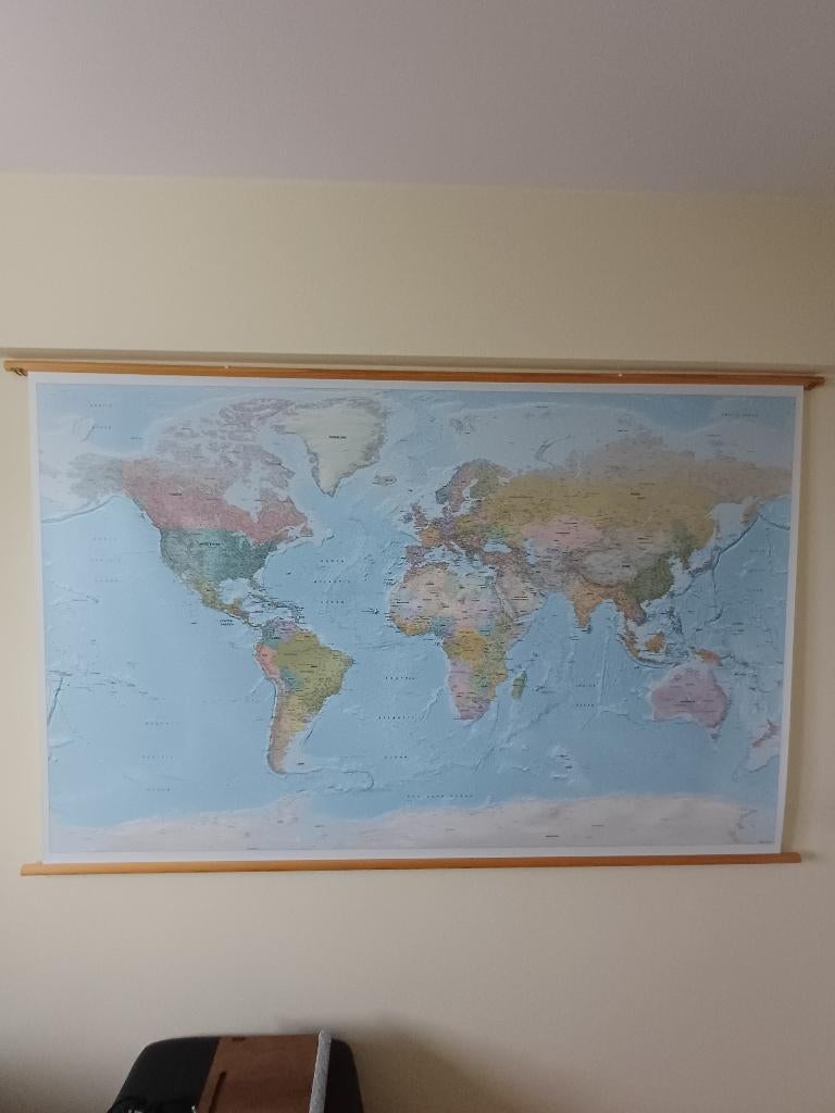 Carte du monde XXL, canvas, bâtonnets en bois, 200 x 140, Maison & Meubles, Enlèvement, Comme neuf