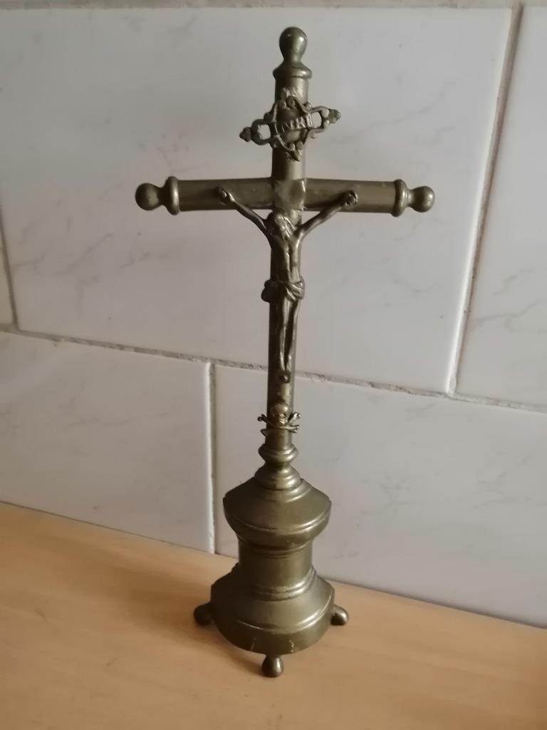 Ancien Crucifix en laiton sur pied début XXème siècles, Ophalen of Verzenden, Brons