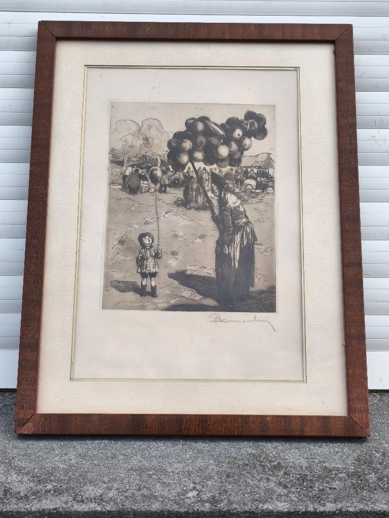 Eaux forte la marchande de ballon signe romeo dumoulin, Antiquités & Art, Enlèvement ou Envoi, Gravure