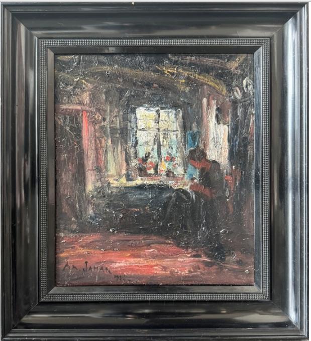 huile sur panneau interieur signe armand jamar, Antiquités & Art, Enlèvement ou Envoi