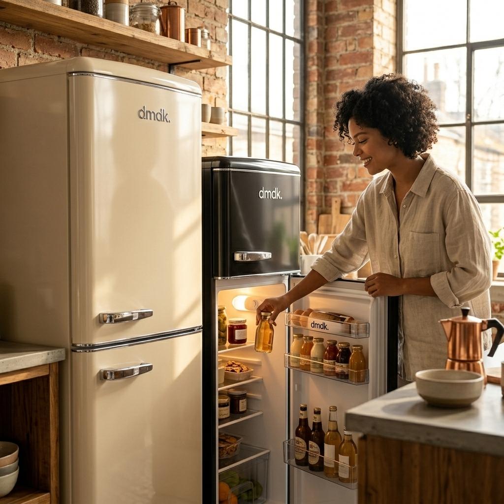 DMDK DKC3 Koel vriescombinatie 244 Liter Retro Creme, 200 liter of meer, Nieuw, 45 tot 60 cm, Met vriesvak